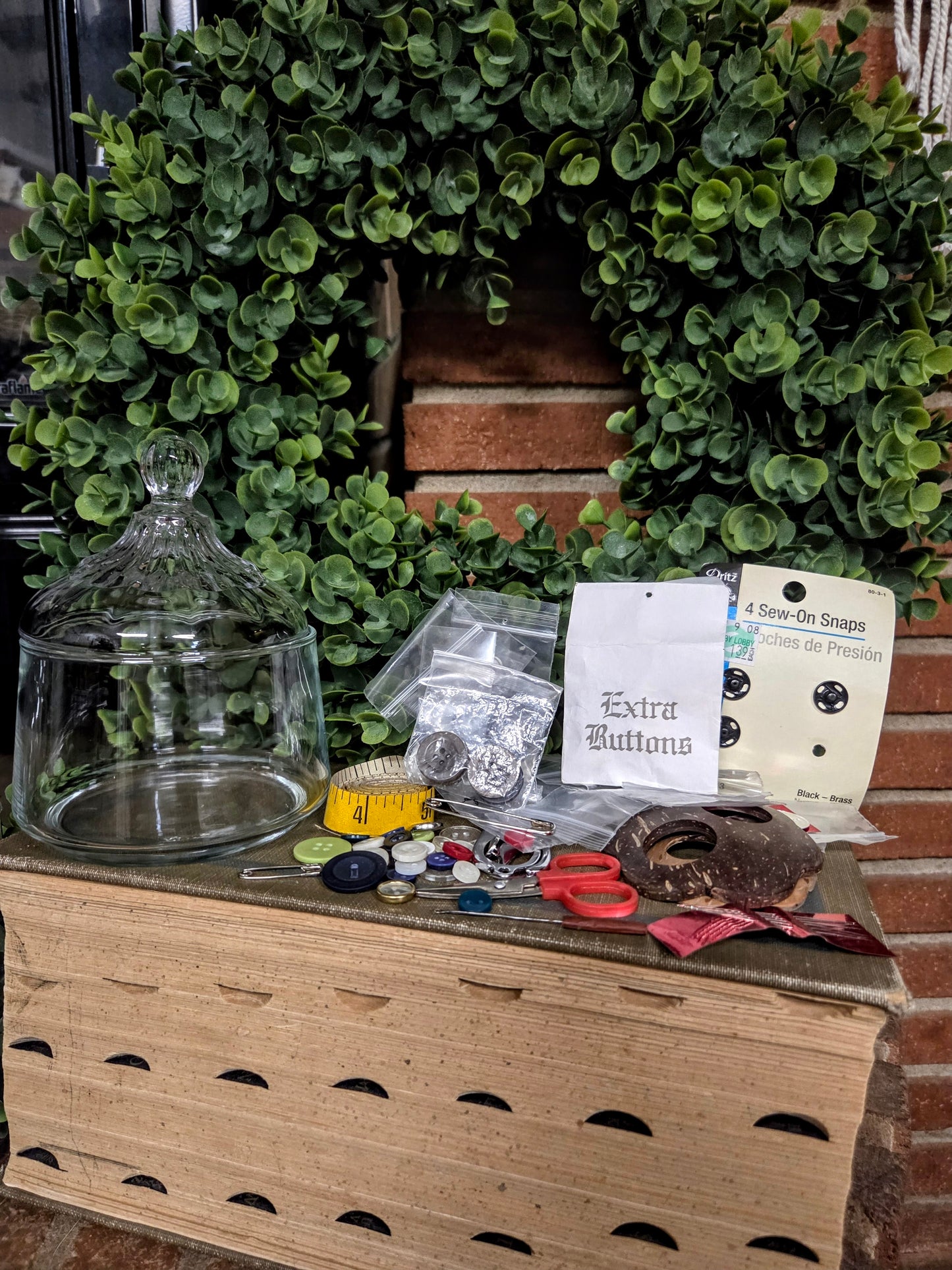 Glass Lidded Jar with Sewing Notions