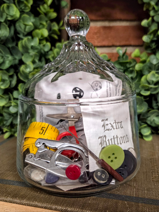 Glass Lidded Jar with Sewing Notions