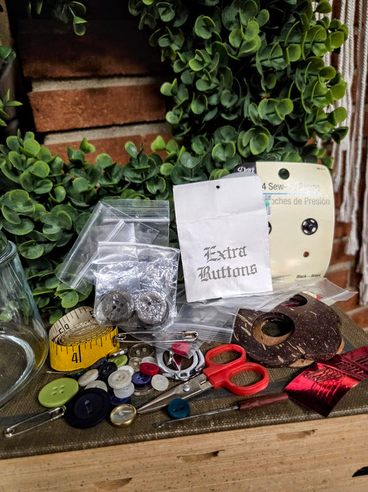 Glass Lidded Jar with Sewing Notions